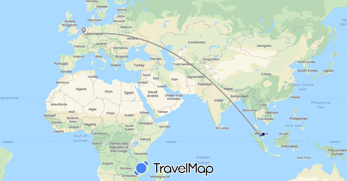 TravelMap itinerary: driving, plane in Belgium, Malaysia (Asia, Europe)